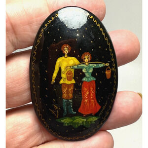 Russian Lacquer Wood Brooch Pin Rural Couple Milk Buckets Folk Art Hand Painted